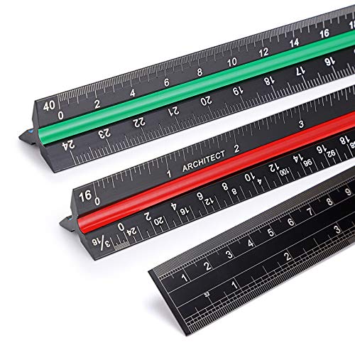 OwnMy 3 Pack 12 Inch Solid Aluminum Triangular Architect Scale Ruler Set, 3-Colors-Groove Architectural and Engineer Scale Metal Ruler Set, Clear Scales Drafting Rulers for Engineer Blueprint Project