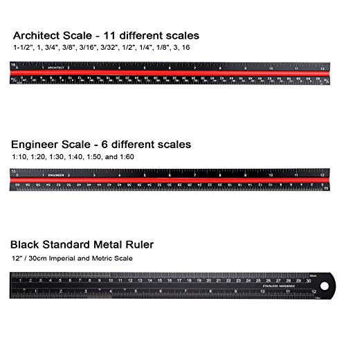OwnMy 3 Pack 12 Inch Solid Aluminum Triangular Architect Scale Ruler Set, 3-Colors-Groove Architectural and Engineer Scale Metal Ruler Set, Clear Scales Drafting Rulers for Engineer Blueprint Project