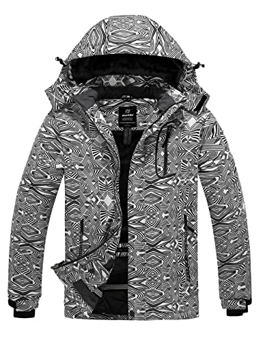 Wantdo Men's Waterproof Fleece Ski Jacket Windproof Winter Coat Parka Black Floral XL