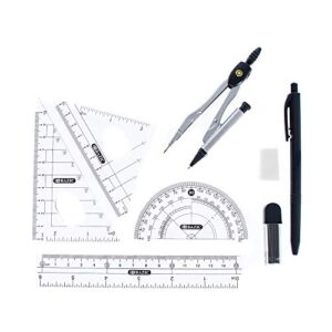 west coast paracord 9 piece mathematics tool set – straight ruler, 30/60/90 triangle ruler, 45/90 triangle ruler, 180 degree protractor and more! clear/black includes sturdy storage case