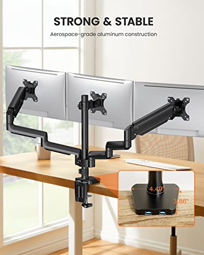 ErGear Triple Monitor Mount for Desk, 3 Monitor Stand with Gas Spring Adjustable Monitor Arm Fit Three Screens 13 to 27 inch Flat/Curved LCD Computer Screens Holds Max 17.6lbs with Clamp