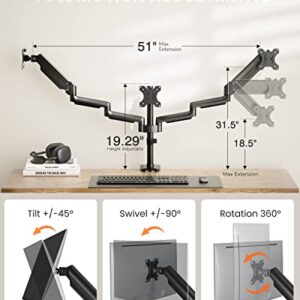 ErGear Triple Monitor Mount for Desk, 3 Monitor Stand with Gas Spring Adjustable Monitor Arm Fit Three Screens 13 to 27 inch Flat/Curved LCD Computer Screens Holds Max 17.6lbs with Clamp