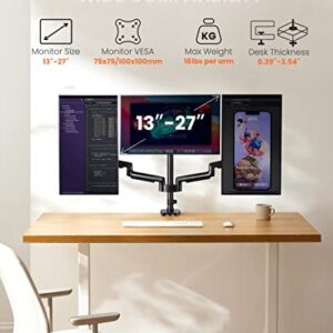 ErGear Triple Monitor Mount for Desk, 3 Monitor Stand with Gas Spring Adjustable Monitor Arm Fit Three Screens 13 to 27 inch Flat/Curved LCD Computer Screens Holds Max 17.6lbs with Clamp