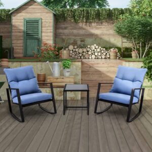 wallowsun 3-piece-set bistro set patio set outdoor furniture with 2 black wicker-top rocking chairs going with cobalt blue cushions and 1 glass-top table for countyard,poolside