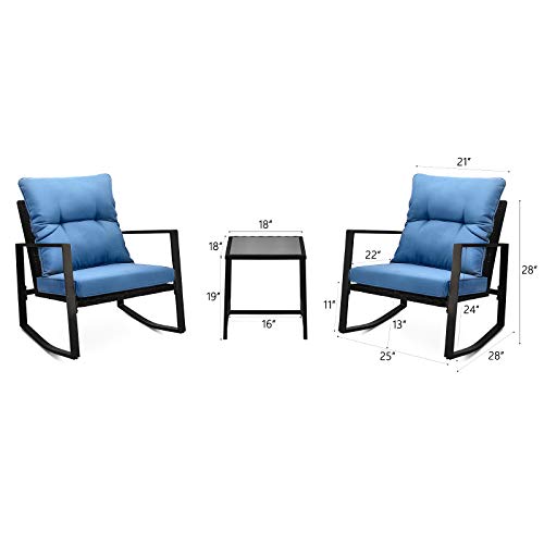 Wallowsun 3-Piece-Set Bistro Set Patio Set Outdoor Furniture with 2 Black Wicker-Top Rocking Chairs Going with Cobalt Blue Cushions and 1 Glass-Top Table for countyard,Poolside