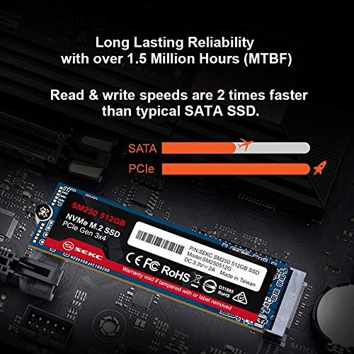 SEKC SM250512G 512GB NVMe M.2 2280 PCIe Gen 3x4, Solid State Drive R/W CDM Up to 1700/1500 MB/s, (Atto) Up to 3300/3100 MB/s, Internal SSD