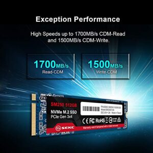 SEKC SM250512G 512GB NVMe M.2 2280 PCIe Gen 3x4, Solid State Drive R/W CDM Up to 1700/1500 MB/s, (Atto) Up to 3300/3100 MB/s, Internal SSD