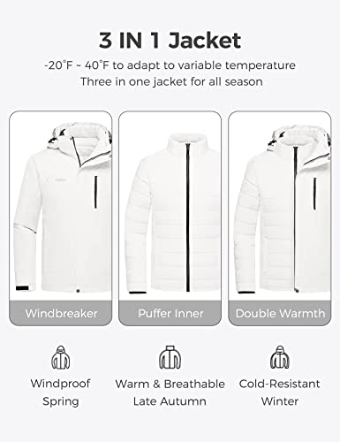 Wantdo Men's 3 in 1 Mountain Waterproof Winter Snowboarding RainCoat Ivory M