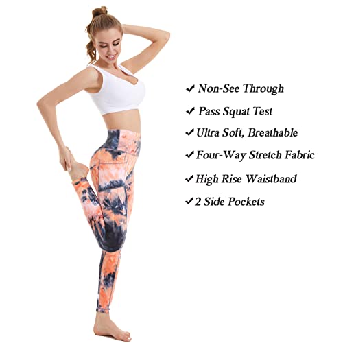 iniber Womens High Waisted Yoga Pants with Pockets, Tie Dye Workout Running Pants Soft Colorful Yoga Leggings for Women