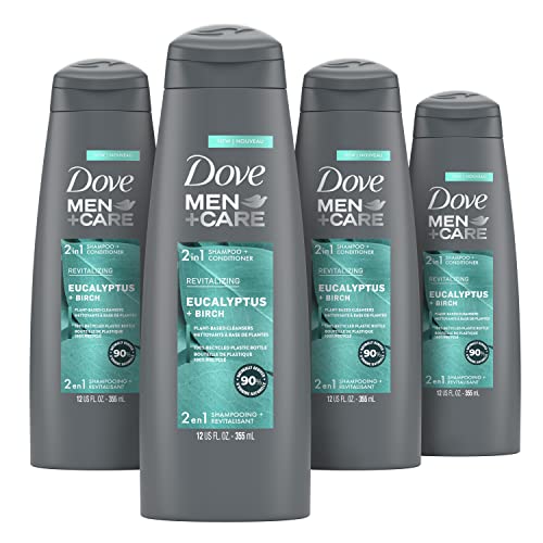 Dove Men+Care 2 in 1 Shampoo & Conditioner Eucalyptus & Birch 4 Count For Healthy-Looking Hair Naturally Derived Plant Based Cleansers 12 oz