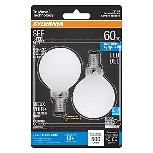 Sylvania LED TruWave Natural Series Décor G16.5 Light Bulb, 60W Equivalent Efficient 5.5W, Candelabra Base, Dimmable, Frosted, 5000K, Daylight - 2 Pack (40801) Soft White