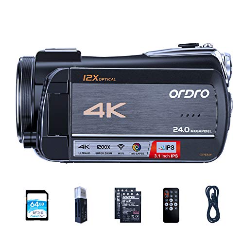 ORDRO Video Camera 4K Livestream Camcorder HDR-AC5 12X Optical Zoom Video Recorder 3.1'' IPS Touchscreen Live Broadcast Camcorder with 6.5ft USB Livestreaming Cable and 64GB SD Card