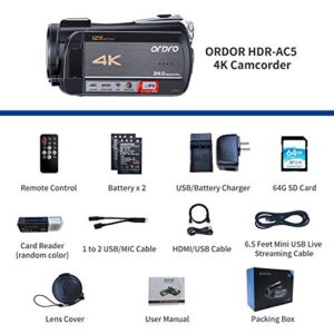 ORDRO Video Camera 4K Livestream Camcorder HDR-AC5 12X Optical Zoom Video Recorder 3.1'' IPS Touchscreen Live Broadcast Camcorder with 6.5ft USB Livestreaming Cable and 64GB SD Card