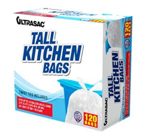 ultrasac 13 gallon 0.6 mil tall kitchen bags with twist ties - 24" x 27" - pack of 120 - for home, kitchen, office, white, (ulr-tk13g-sc-120c)