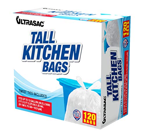 Ultrasac 13 Gallon 0.6 MIL Tall Kitchen Bags With Twist Ties - 24" x 27" - Pack of 120 - For Home, Kitchen, Office, White, (ULR-TK13G-SC-120C)