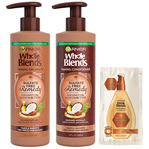 Garnier Whole Blends Sulfate Free Remedy Coconut Oil & Cocoa Butter Taming Shampoo and Conditioner Set for Very Frizzy Hair with Sample, 12 Fl Oz, 1 Kit (Packaging May Vary)