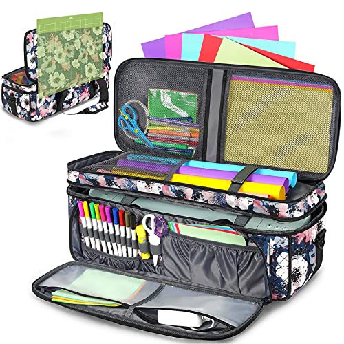 Double-Layer Carrying Case for Cricut Maker 3, Maker, Explore Air 2, Explore 3, Die Cut Machine, Water Resistant Carrying Bag with Cutting Mat Pocket, Storage Tote Bag for Tools Accessories, Floral