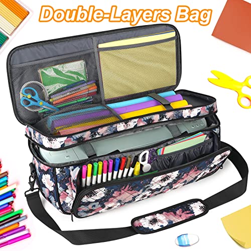 Double-Layer Carrying Case for Cricut Maker 3, Maker, Explore Air 2, Explore 3, Die Cut Machine, Water Resistant Carrying Bag with Cutting Mat Pocket, Storage Tote Bag for Tools Accessories, Floral