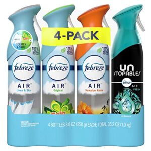 febreze air freshener and odor eliminator spray– one each of linen & sky, original, hawaiian aloha and fresh scents. 250g or 8.8oz each (pack of 4)
