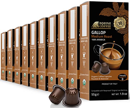 Organic USDA Equine Coffee Aluminum Espresso Pods for Nespresso Original Brewers | 100 Pack Italian Nespresso Compatible Capsules | 100% Arabica Medium Roast Intensity # 8 | OU Kosher (Gallop)