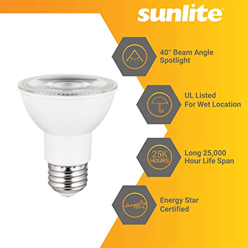 Sunlite 89206-SU LED PAR20 Reflector Light Bulb, 7 Watts (50W Equivalent), 520 Lumens, Medium E26 Base, Dimmable, Spotlight, Energy Star Certified