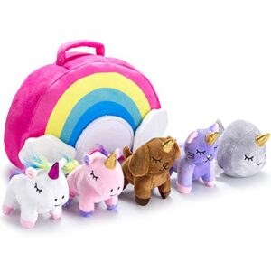 stuffed toy unicorn animal set – set of 5 stuff toys for toddlers - with rainbow carry bag - 2 unicorns, kitty, puppy, and narwhal – toddler gifts for girls age 3, 4, 5, 6, 7, 8 year old