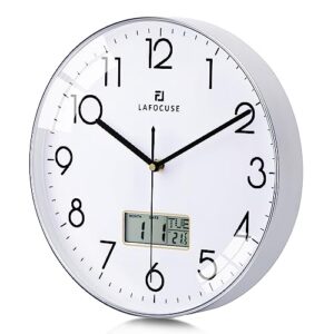 lafocuse silver wall clock with date,month,day of week and temperature, silent non-ticking battery operated clock for living room bedroom office decor