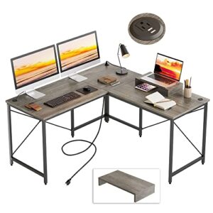 bestier l shaped desk computer long desk reversible corner desk for home office with power outlet monitor stand 2 cable holes usb socket 95.2 inch 2 person l desk, gray
