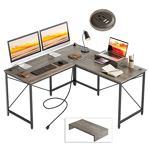 Bestier L Shaped Desk Computer Long Desk Reversible Corner Desk for Home Office with Power Outlet Monitor Stand 2 Cable Holes USB Socket 95.2 Inch 2 Person L Desk, Gray