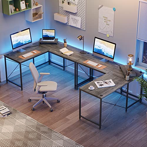 Bestier L Shaped Desk Computer Long Desk Reversible Corner Desk for Home Office with Power Outlet Monitor Stand 2 Cable Holes USB Socket 95.2 Inch 2 Person L Desk, Gray