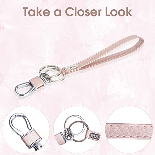 Arae PU Leather Wrsitlet Keychain Bracelet with 2 Key Rings and 1 Metal Clasp for Keys Card Holder women girls - Rose Gold