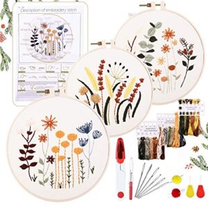 yinva 3 sets embroidery beginner kits embroidery starter kit cross stitch kit include 3 embroidery clothes with floral pattern instructions hoops floss thread fabric needles for beginners