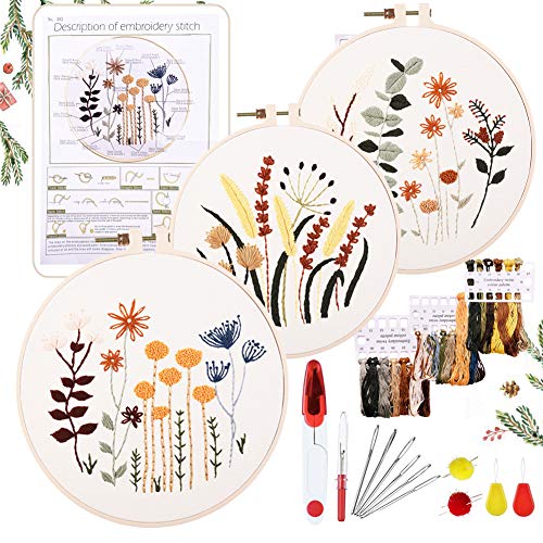 YINVA 3 Sets Embroidery Beginner Kits Embroidery Starter Kit Cross Stitch Kit Include 3 Embroidery Clothes with Floral Pattern Instructions Hoops Floss Thread Fabric Needles for Beginners