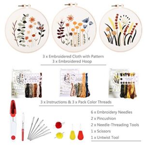 YINVA 3 Sets Embroidery Beginner Kits Embroidery Starter Kit Cross Stitch Kit Include 3 Embroidery Clothes with Floral Pattern Instructions Hoops Floss Thread Fabric Needles for Beginners