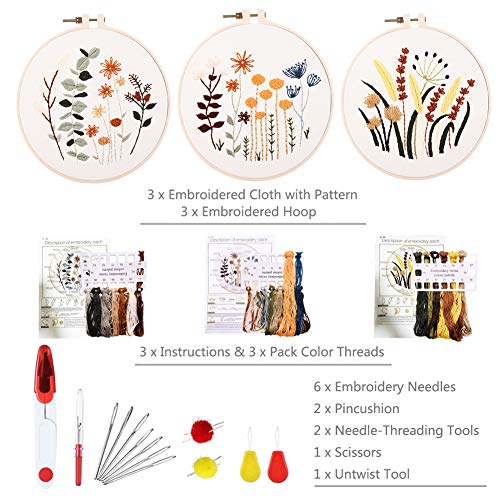 YINVA 3 Sets Embroidery Beginner Kits Embroidery Starter Kit Cross Stitch Kit Include 3 Embroidery Clothes with Floral Pattern Instructions Hoops Floss Thread Fabric Needles for Beginners