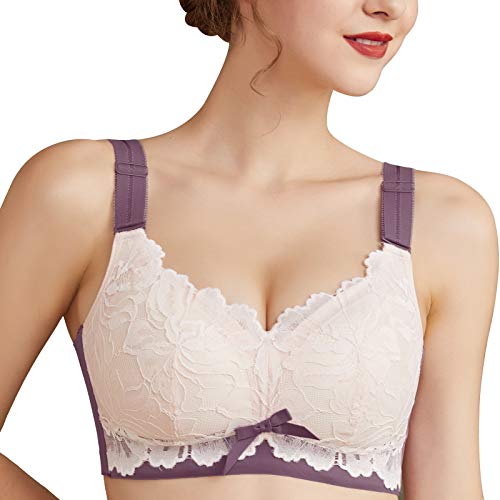 Wirefree Lifting Thin Sexy lace Comfort extralift Full Figure Unpadded Wireless Full Coverage Minimizer Push up Lined no Wire Soft Latex Cup Bra Purple 36C 36 C