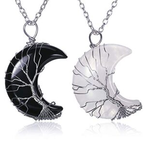 2 pcs crystal necklaces life tree crescent moon necklace quartz moon jewelry gemstone pendant for women ()