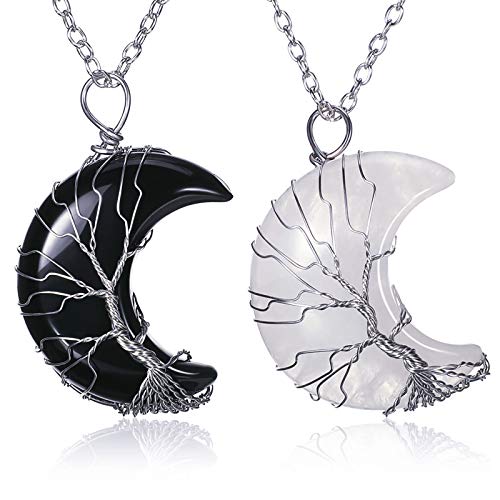 2 Pcs Crystal Necklaces Life Tree Crescent Moon Necklace Quartz Moon Jewelry Gemstone Pendant for Women ()