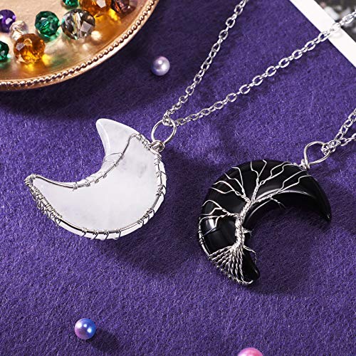 2 Pcs Crystal Necklaces Life Tree Crescent Moon Necklace Quartz Moon Jewelry Gemstone Pendant for Women ()
