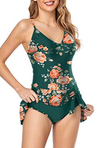 Husmeu Womens Modest One Piece Swimsuits Swimdress Slimming Swim Dress Bathing Suit for Women Tummy Control Swimwear Swimdress Floral Printed XL