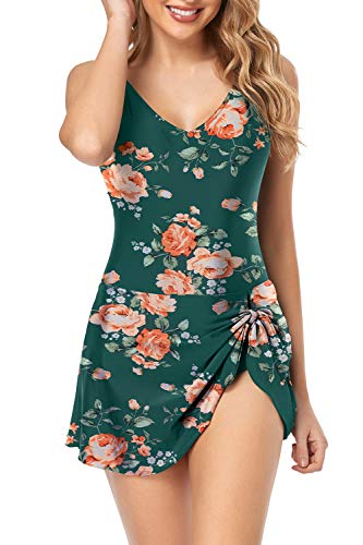 Husmeu Womens Modest One Piece Swimsuits Swimdress Slimming Swim Dress Bathing Suit for Women Tummy Control Swimwear Swimdress Floral Printed XL