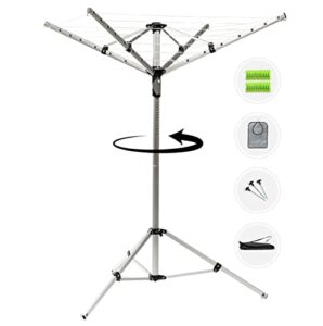 mrq umbrella clothesline, clothes drying rack! rotating outdoor and indoor rotating clothing laundry rack. portable folding drying rack + tripod + outside stakes + clothespegs + storage/travel bag.