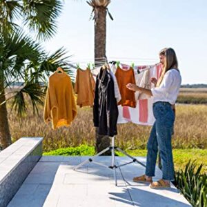 MRQ Umbrella Clothesline, Clothes Drying Rack! Rotating Outdoor and Indoor Rotating Clothing Laundry Rack. Portable Folding Drying Rack + Tripod + Outside Stakes + Clothespegs + Storage/Travel Bag.