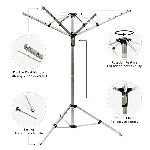 MRQ Umbrella Clothesline, Clothes Drying Rack! Rotating Outdoor and Indoor Rotating Clothing Laundry Rack. Portable Folding Drying Rack + Tripod + Outside Stakes + Clothespegs + Storage/Travel Bag.