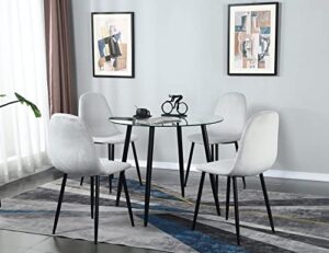 5 pieces dining room table set for 4 - round glass table - velvet dining chairs - modern kitchen & dining room sets for dining room, kitchen,dinette or compact space (black table + light grey chairs)