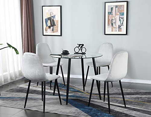 5 Pieces Dining Room Table Set for 4 - Round Glass Table - Velvet Dining Chairs - Modern Kitchen & Dining Room Sets for Dining Room, Kitchen,Dinette or Compact Space (Black Table + Light Grey Chairs)