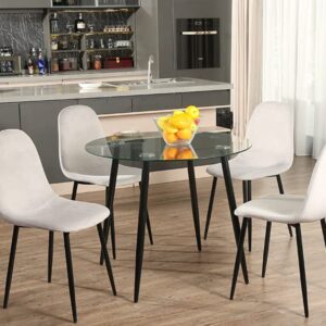 5 Pieces Dining Room Table Set for 4 - Round Glass Table - Velvet Dining Chairs - Modern Kitchen & Dining Room Sets for Dining Room, Kitchen,Dinette or Compact Space (Black Table + Light Grey Chairs)