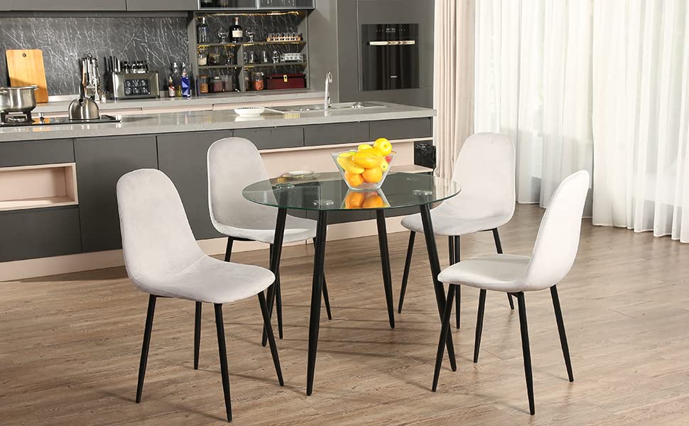 5 Pieces Dining Room Table Set for 4 - Round Glass Table - Velvet Dining Chairs - Modern Kitchen & Dining Room Sets for Dining Room, Kitchen,Dinette or Compact Space (Black Table + Light Grey Chairs)