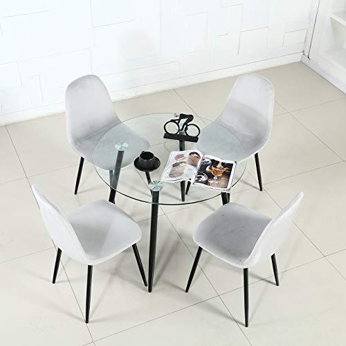 5 Pieces Dining Room Table Set for 4 - Round Glass Table - Velvet Dining Chairs - Modern Kitchen & Dining Room Sets for Dining Room, Kitchen,Dinette or Compact Space (Black Table + Light Grey Chairs)