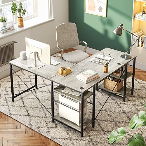 Bestier L Shaped Desk with Shelves 95.2 Inch Reversible Corner Computer Desk or 2 Person Long Table for Home Office Large Gaming Writing Storage Workstation P2 Board with 3 Cable Holes, Grey Oak